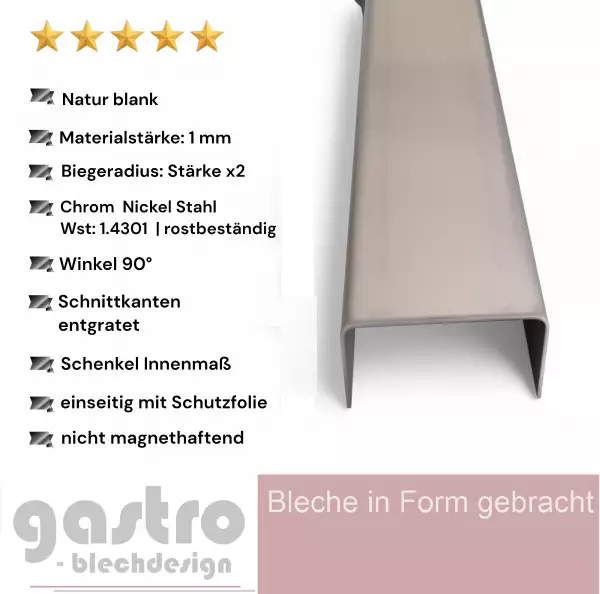 Edelstahl U Schiene blank, 1 mm stark, Einfassprofil